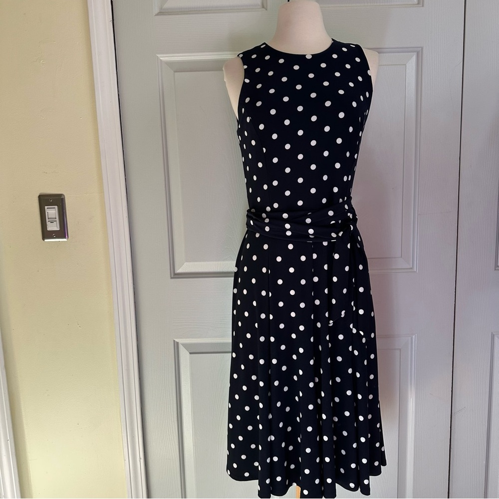 Lauren Ralph Lauren Navy Polka Dot Midi Dress